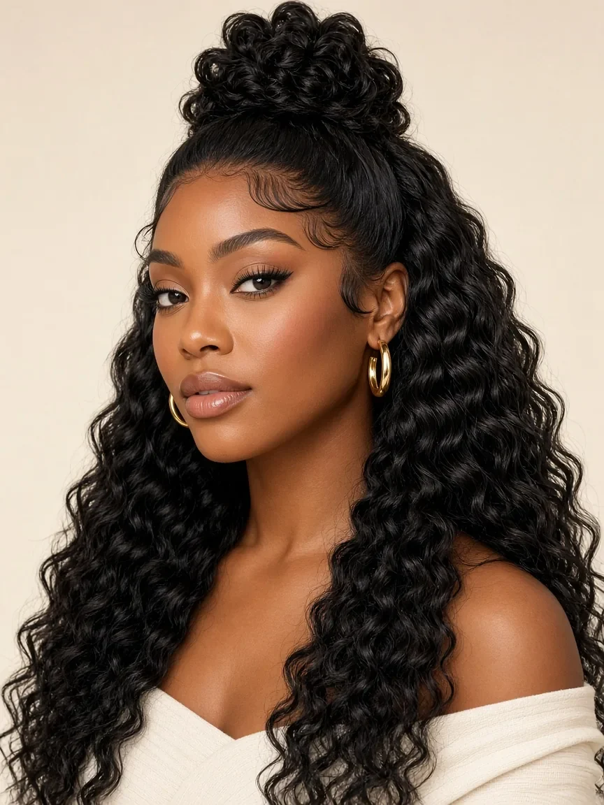Modelo com frontal 360 lace e cabelo deep wave de 18 polegadas em preto natural, meio apanhado num top knot