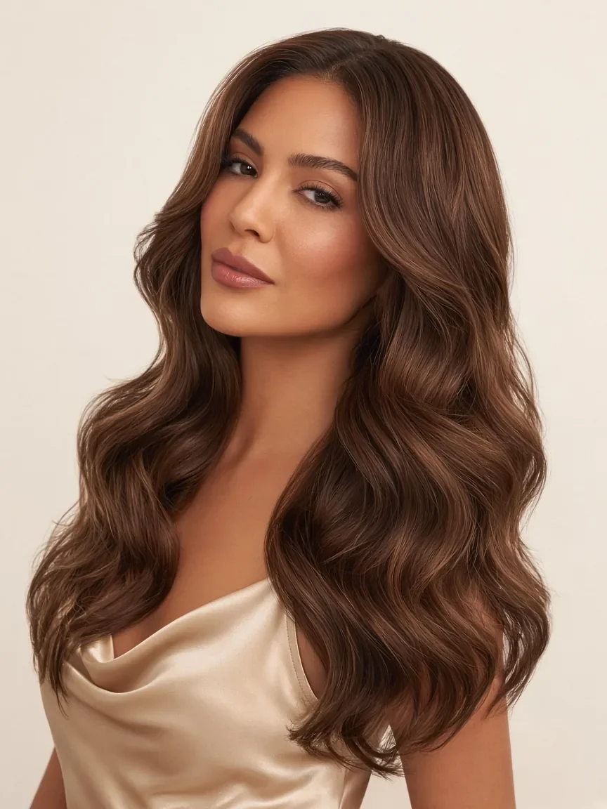 Model mit 20-Zoll-Body-Wave-Echthaar-Extensions in Mittelkastanie #4, Dreiviertelansicht von vorn
