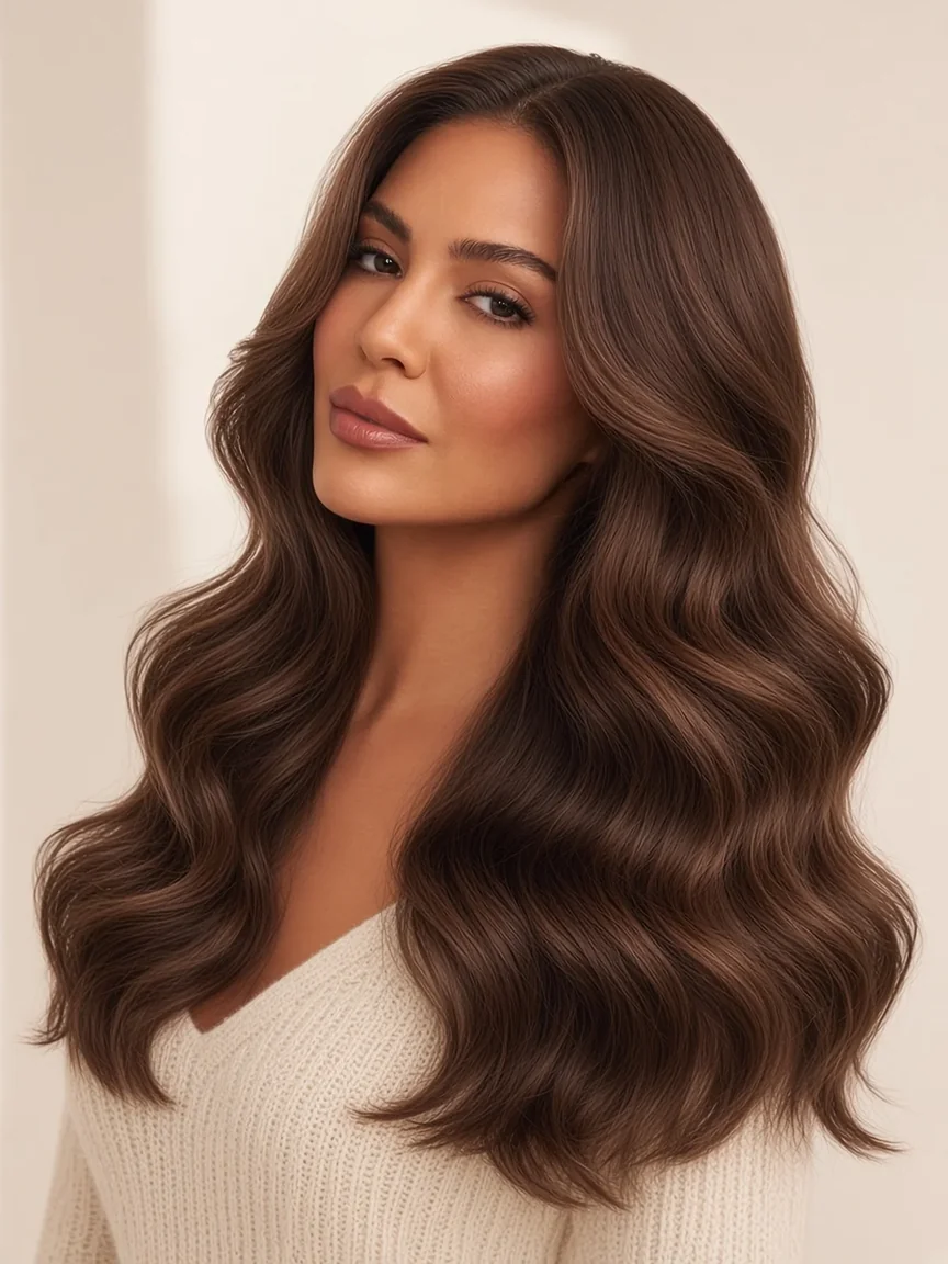Modelo com extensões clip-in de cabelo humano body wave de 20 polegadas em castanho muito escuro #2, vista de três quartos