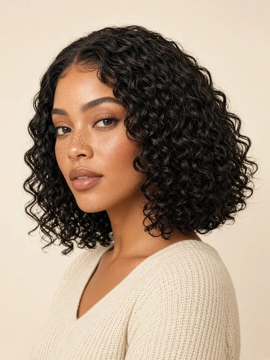 Modelo com peruca bob lace encaracolada de 12 polegadas em preto natural 1B, vista de três quartos