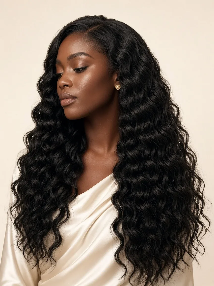 Modelo com extensões de cabelo humano deep wave de 18 polegadas em preto natural 1B, vista de três quartos