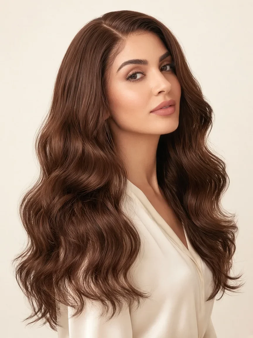 Modelo com peruca glueless body wave de cabelo humano de 22 polegadas em castanho médio #4, com risca de lado