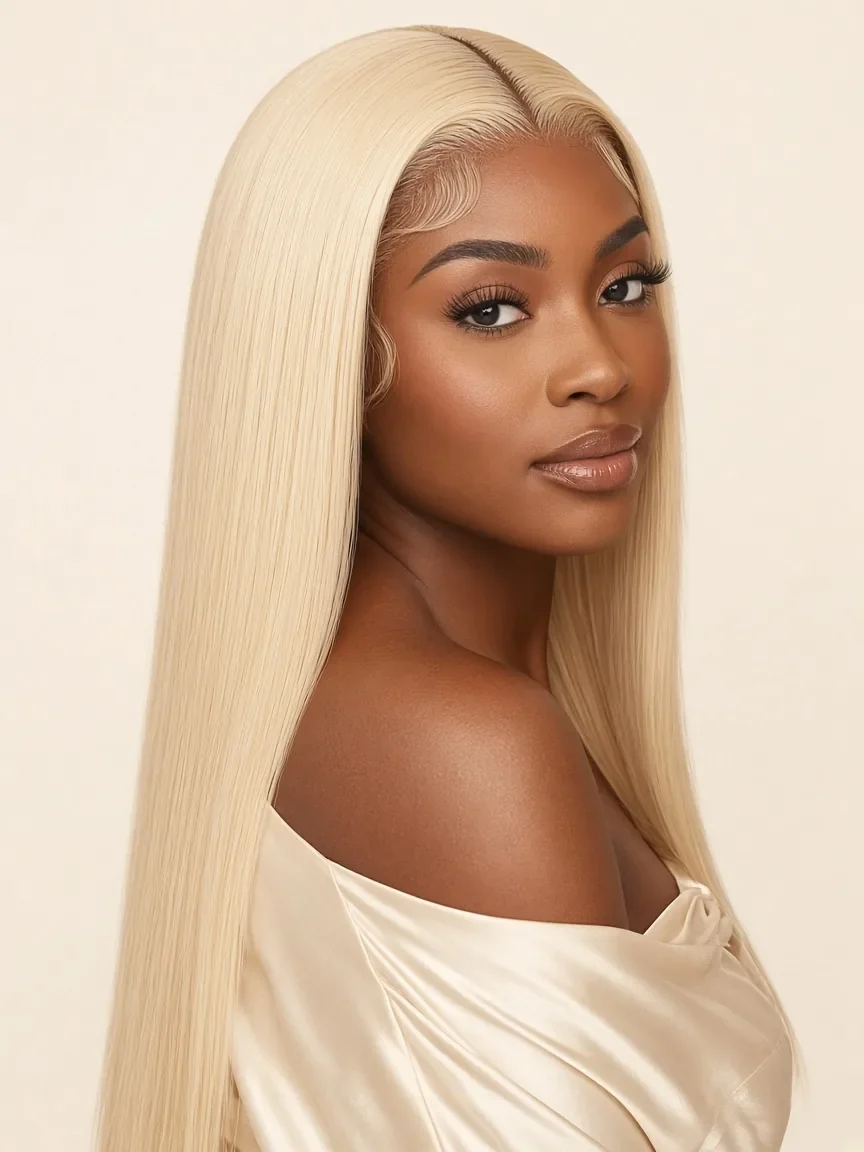 Model mit einer 22-Zoll-Glueless-Perücke aus seidenglattem Echthaar in Platinblond 613, Dreiviertelansicht von vorn