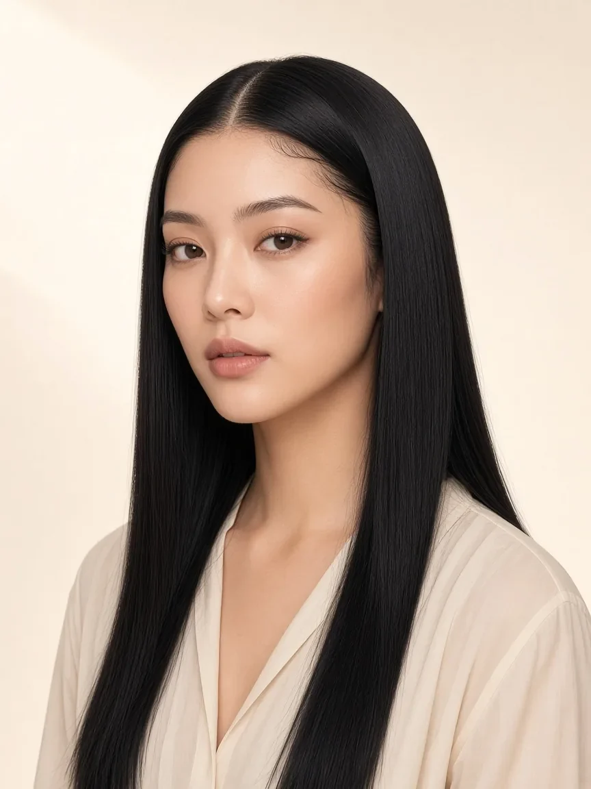 Model mit einem 13×4-HD-Lace-Frontal und 20 Zoll seidig glattem Naturschwarz, Mittelscheitel