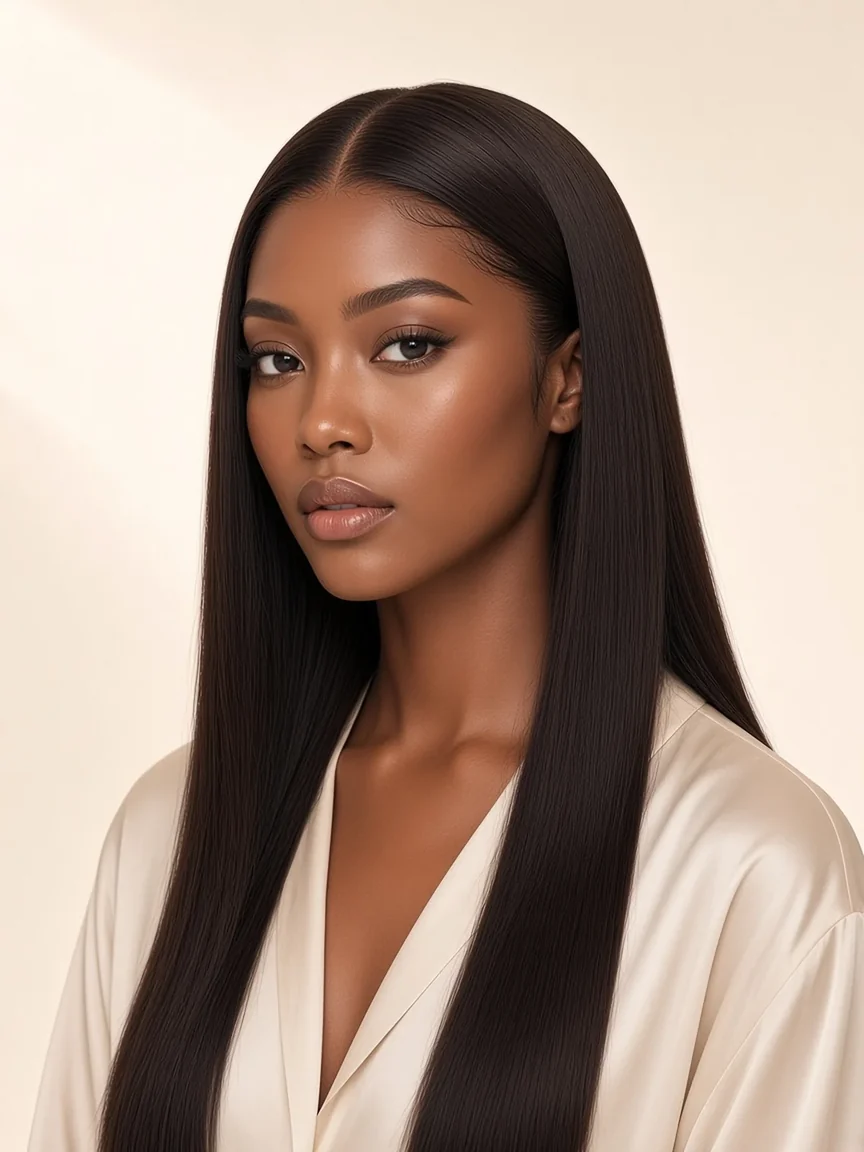 Modelo com frontal HD lace 13×6 e cabelo liso sedoso de 22 polegadas em castanho muito escuro #2, risca ao meio