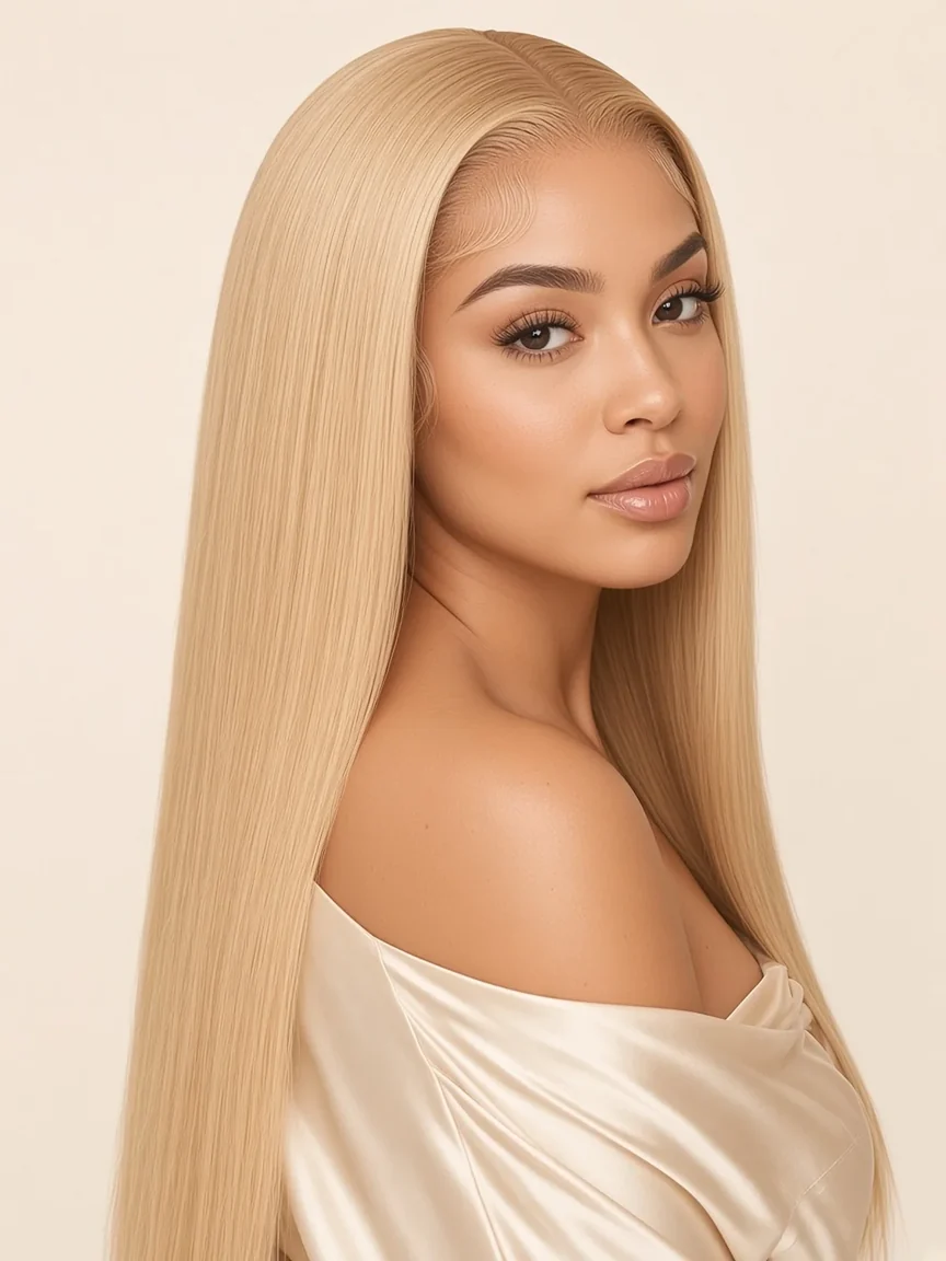 Modelo com peruca lace front de cabelo humano liso de 22 polegadas em louro mel #27, vista de três quartos