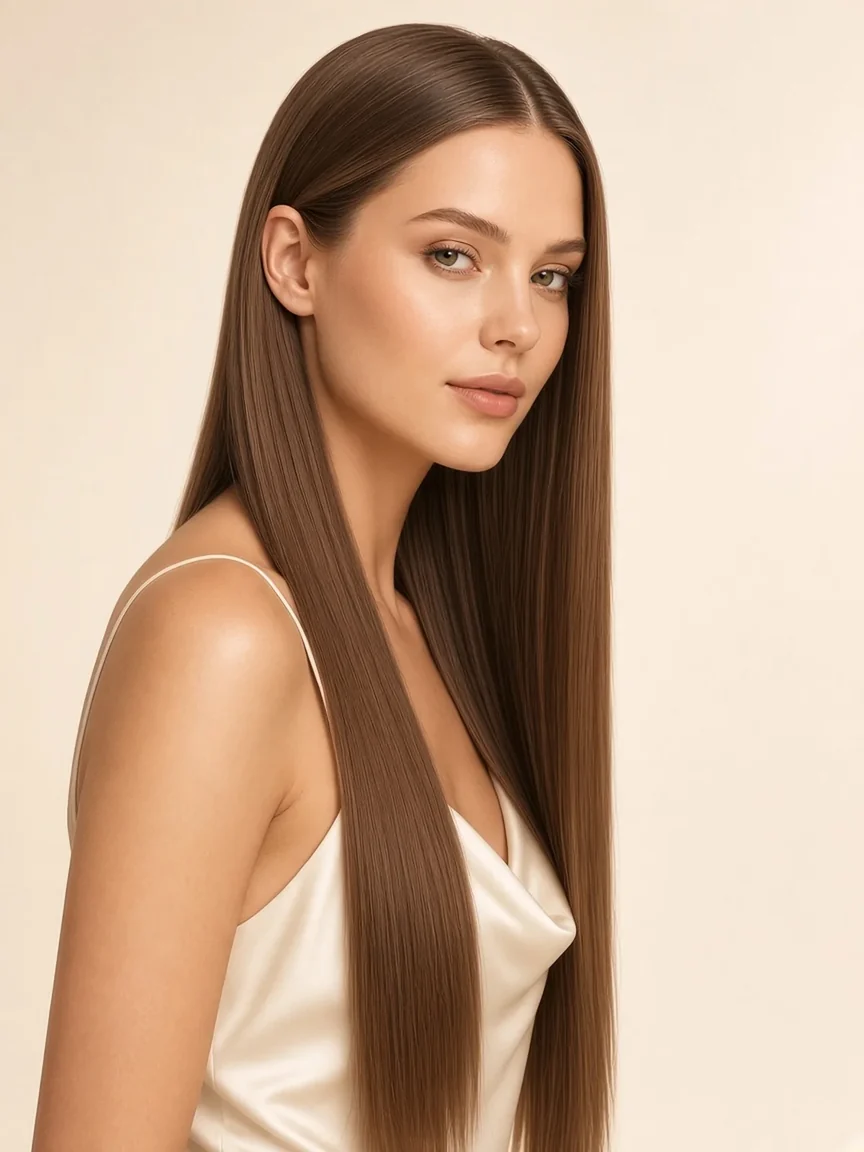 Modelo com extensões de cabelo humano de ponta de queratina, lisas e sedosas, de 22 polegadas em castanho médio #4, vista de três quartos
