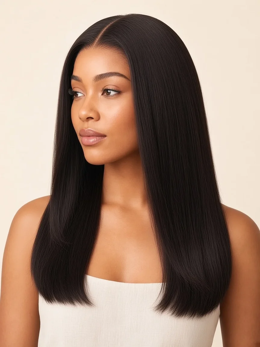 Modelo com closure lace 4×4 e cabelo liso sedoso de 16 polegadas em preto natural 1B, risca ao meio