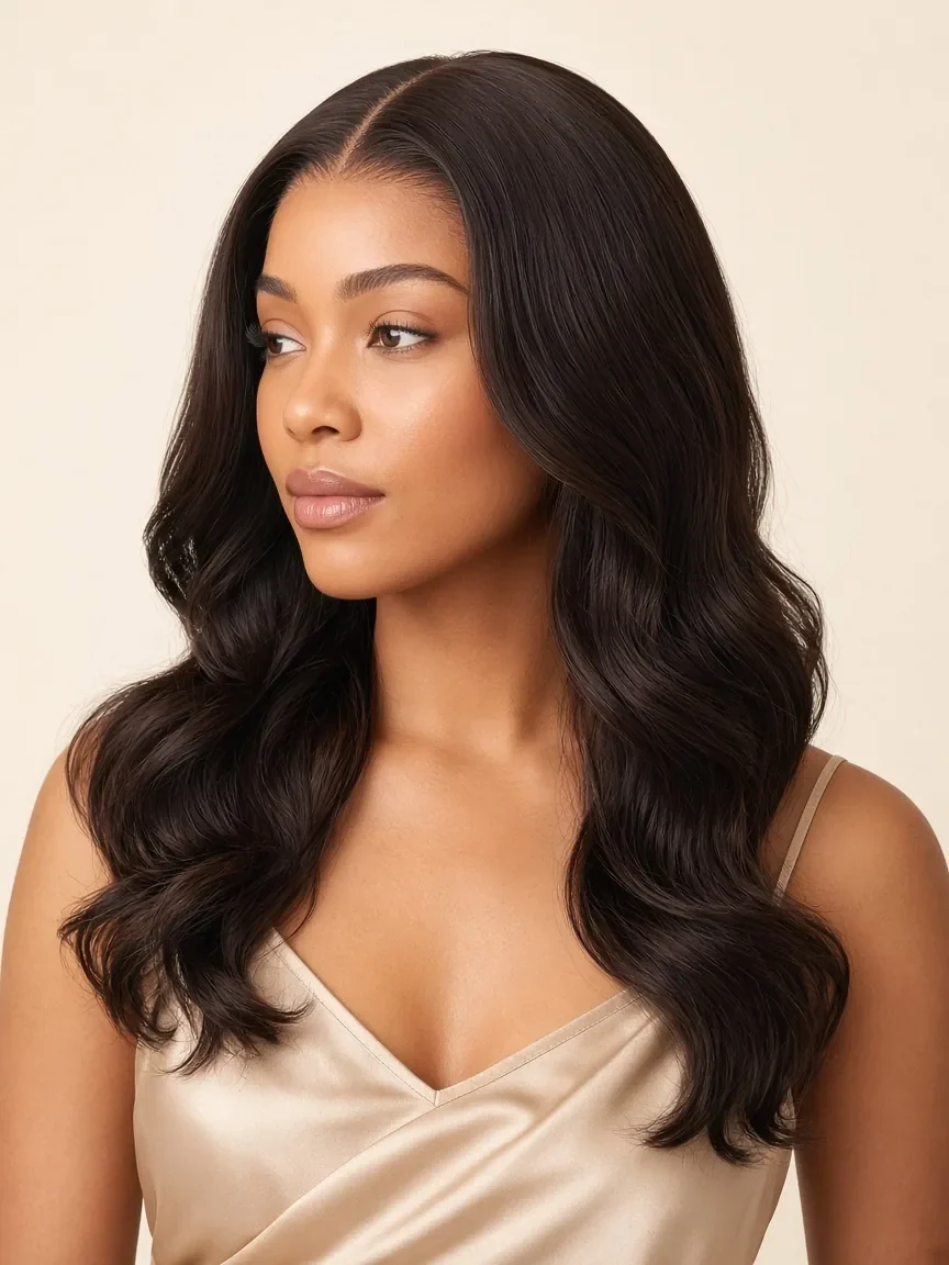 Modelo com closure lace 5×5 e cabelo body wave de 16 polegadas em castanho muito escuro #2, risca ao meio
