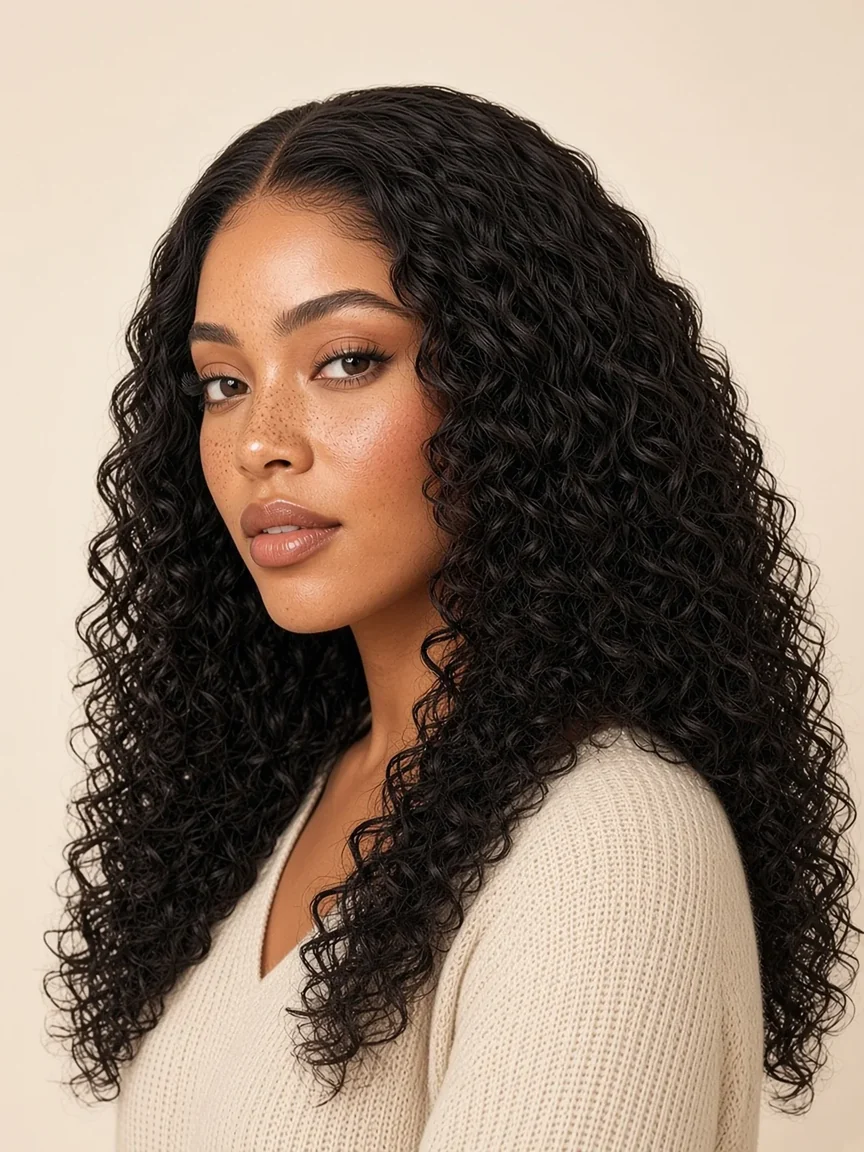Modelo com peruca lace front de cabelo humano encaracolado longo de 22 polegadas em preto natural 1B, vista de três quartos